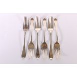 A harlequin set of six silver table forks of oar pattern by Thomas A Finlayson and Andrew Wilkie