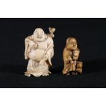 Small carved ivory netsuke of an old woman with a dog by her side, 4cm, Meiji, and an ivory