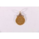 Victorian half sovereign 1887 with shield back and jubilee bust, soldered pendant mount, 4.8g gross