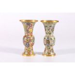 Pair of late 19th or early 20th century miniature cloisonne gu shaped vases with gilt bronze