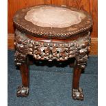 Chinese carved hardwood padauk type marble topped jardinière stand, 39cm tall