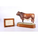 Royal Worcester porcelain model of a Dairy Shorthorn Bull modelled by Doris Lindner on wooden plinth