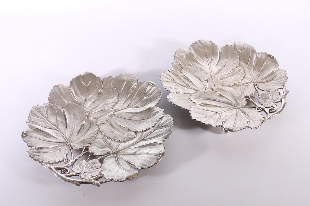 An attractive pair of silver plated leaf dishes, makers mark JFP&CO and four further hallmarks, 862g