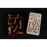 19th century Chinese export ivory visiting card case, the outside carved with figures in a