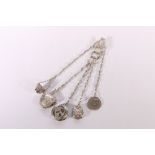 White metal chatelaine with five dependant charms including thimble holder, aide memoire with