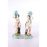 Pair of antique matt porcelain water carrier figures modelled as a male and female resting on