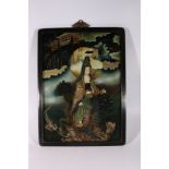 A 20th century Chinese back painted panel depicting Quan Yin riding a kylin, framed and glazed, 54cm