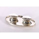 20th century silver deskstand with twin inkwells of navette shape, hallmarks polished out, 553g (