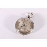 Victorian antique silver cased open faced key wind pocket watch with engraved dial, the works