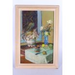 SCOTTISH SCHOOL, Still life table with flowers and fruit, Unsigned oil, 50cm x 32cm