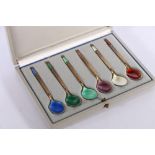 Set of six Danish silver gilt and guilloche enamel coffee spoons, makers mark RCP LD and retailer
