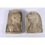 SR HGC, two carved stoneware portrait plaques of a male and female, 28cm x 16cm and 24cm x 17cm