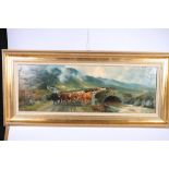WILTON MOTLEY, Droving Highland cattle over a brig, Signed and dated 1904 oil on canvas 30cm x 90cm