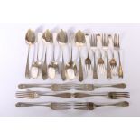 Set of seven George IV silver oar pattern table spoons and twelve matching table forks, makers