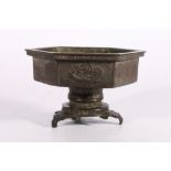 19th Chinese bronze incense burner dish of hexagonal shape, the sides decorated with dragons on a