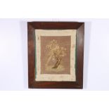 Early antique needlework on linen depicting a bird resting on branch within a rosewood frame 41cm