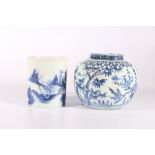 Chinese 19th Century blue and white brush pot depicting a fisherman by a river in a mountainous