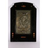 Art Nouveau style cast bronze relief plaque of and angel and two figures, bears signature "J HAILL?"