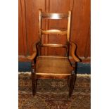 Antique elm ash oak bar back arm chair with recurved arm rests, panel seat, raised on square
