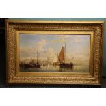 19TH CENTURY SCHOOL, Dutch coastal scene with boats, Unsigned oil on canvas, 50cm x 90cm