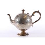 Victorian silver bullet teapot with engraved foliate decoration, scroll handle and coronet finial by