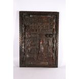 Senufo carved wooden door panel, relief carved with including crocodiles and other animals and