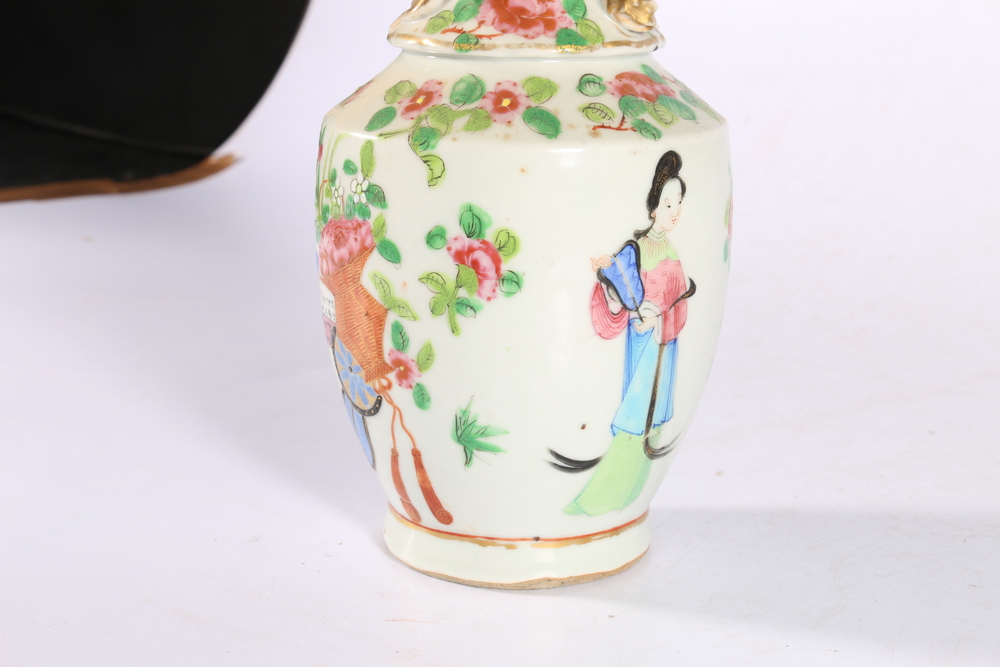 Chinese late 19th century Canton famille rose vase, the neck with four chi lung in relief, the - Image 2 of 8