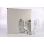 Lalique French glass trophy vase with opaque handles, etched signature and Lalique label, 25cm tall,