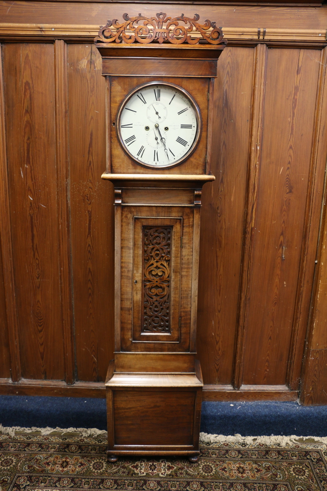 Antique mahogany cased longcase Grandfather clock, the white painted dial with Roman numeral