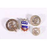 Silver gilt and enamel crest brooch with "Thorough" moto, two Hannay clan brooches with "Per Ardua