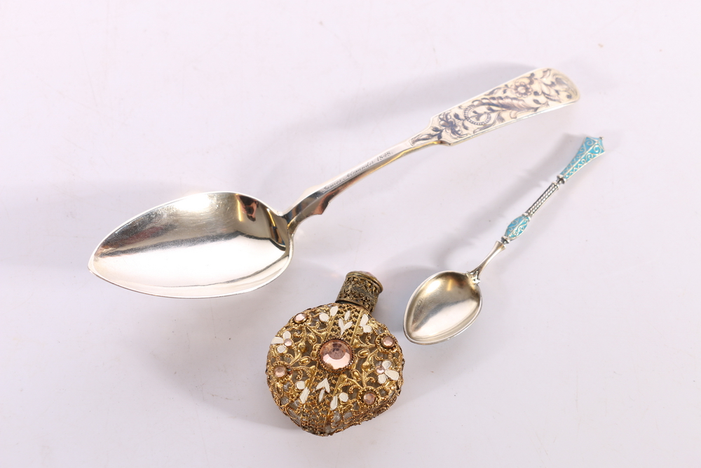 Russian 84zol grade silver spoon with engraved decoration stamped AK1844, 48g 19cm long, a Russian