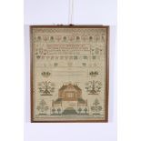 19th century needlework alphabet, verse and stately home sampler by Mary and Christian Galloway of