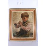 19TH CENTURY SCHOOL, Portrait of a young boy blowing penny whistle, Unsigned oil on board, 52cm x