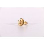 9ct yellow gold signet ring with intaglio seal depicting figure, size J, 6.5g