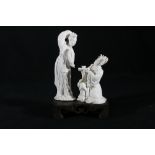 Mid 20th century Chinese blanc de Chine figure of Quan Yin seated on a lion dog, 20cm x 18cm