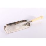 Edwardian silver crumb scoop with engraved foliate decoration and carved and turned ivory handle