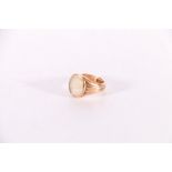 9ct gold signet style ring with oval white quartz cabochon, size O/P, 6.3g gross