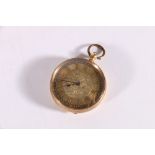14ct gold open faced key wound fob watch with engraved dial, 3.5cm diameter, 41.6g gross
