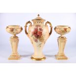 Royal Worcester blush ivory porcelain twin handled urn vase vase and cover with pierced collar and