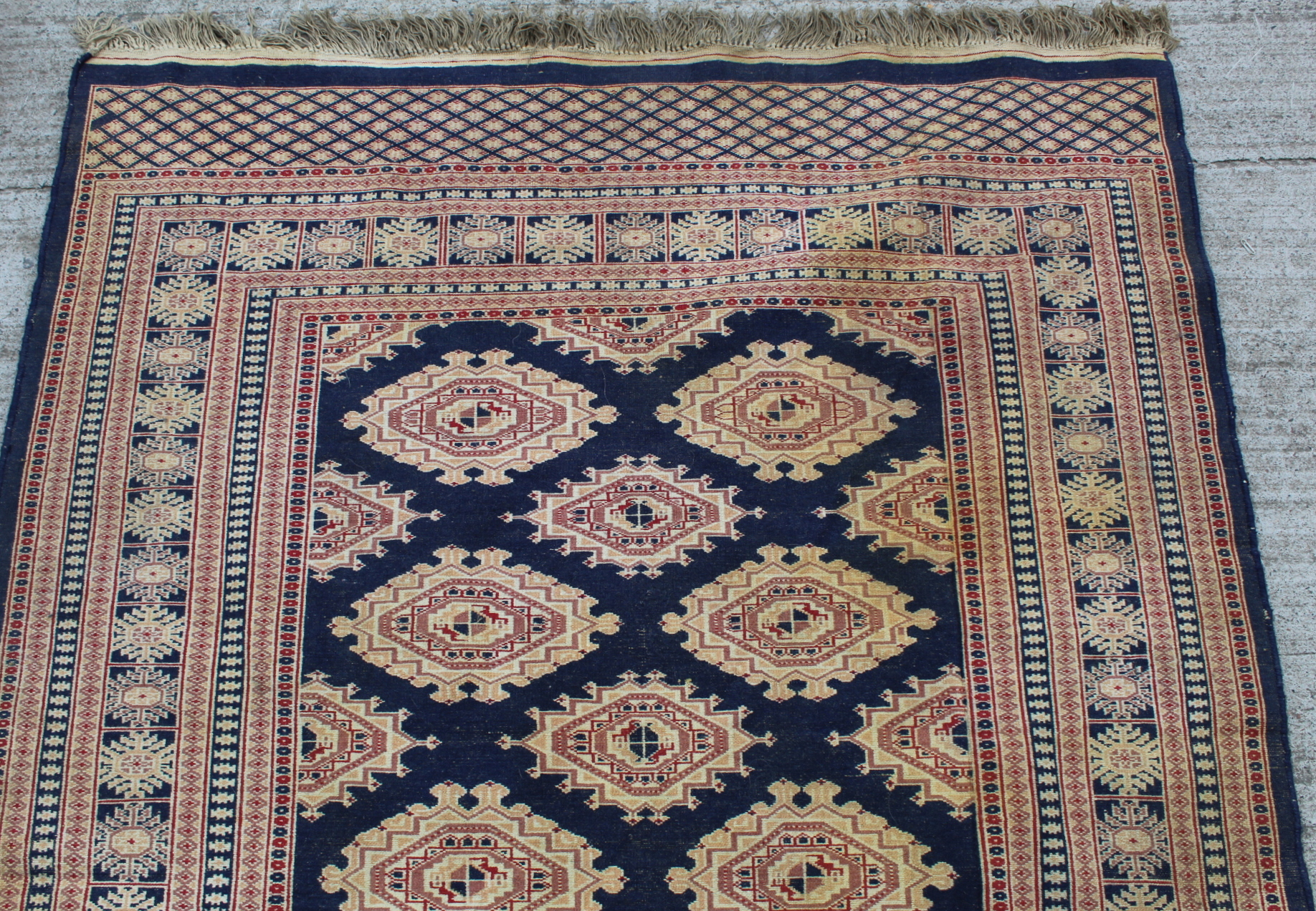 Eastern wool rug with multiple hooked octagonal medallions on blue field, 201cm x 124cm. - Image 9 of 12