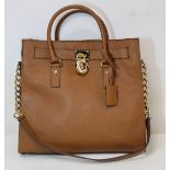 Michael Kors "Hamilton" large shoulder bag or satchel in saffiano tan leather with gilt metal