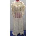 Edwardian three piece silk wedding dress, comprising: ruched bodice with pintuck neck insert, ruched