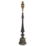 Early 20th century Eastern table lamp, the baluster wooden column with carved and knopped