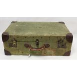 Early 20th century Pukka Luggage green canvas covered suitcase, retailed by Harrods, with luggage
