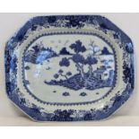 18th century Chinese Export blue and white octagonal ashet or meat platter with landscape panel of