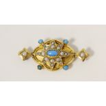 Victorian gold brooch with a quatrefoil of pearls and turquoise, probably 15ct. 7g.
