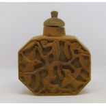 Rare 19th century Chinese boxwood snuff bottle carved with birds amongst boughs, with plain