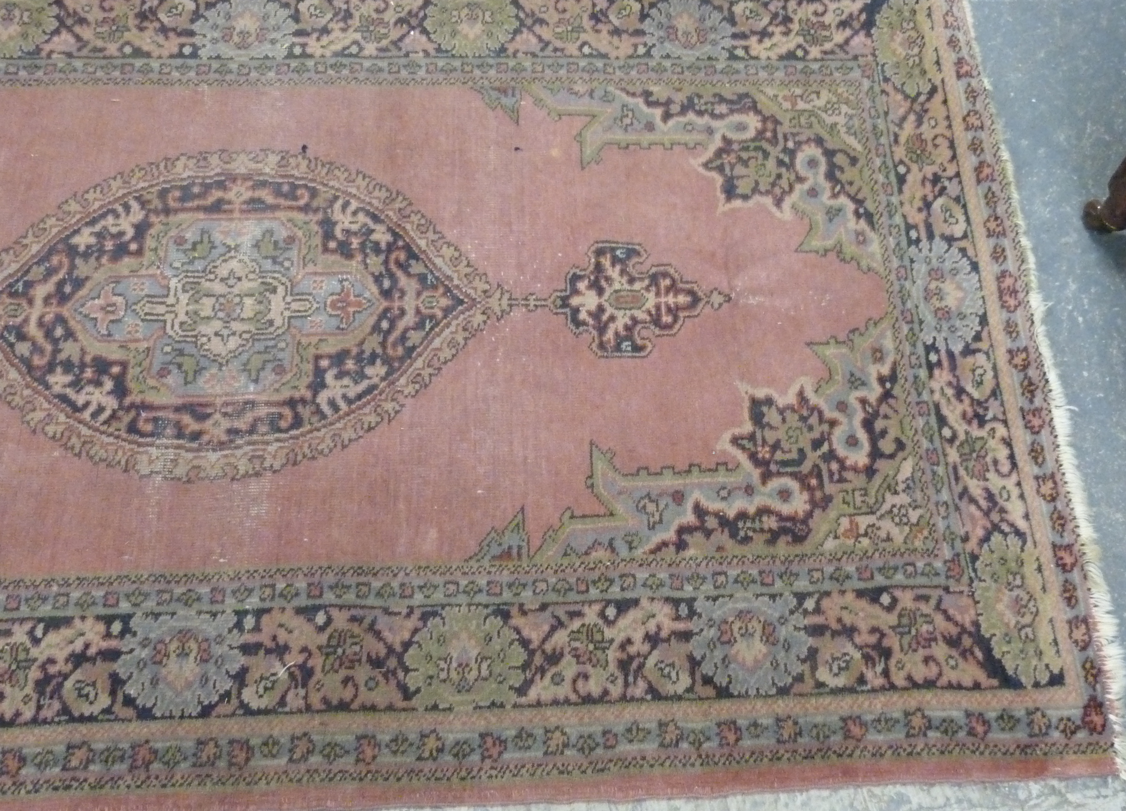 Eastern pink and green wool rug with floral medallion, 186cm x 109cm. - Image 3 of 5