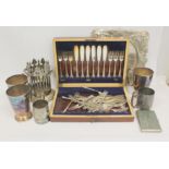 Embossed e.p. bread tray with board,  a magnum holder, five mugs and a set of Onslow pattern fish