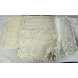 Large antique tablecloth, white linen with lace borders, approx. 220cm x 215cm,
